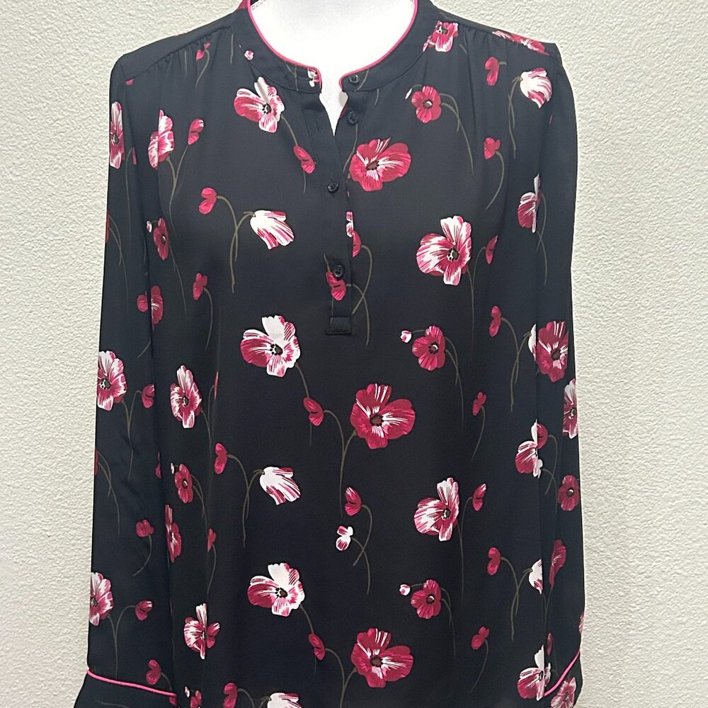 Banana Republic black floral sheer long sleeve v-neck blouse, large